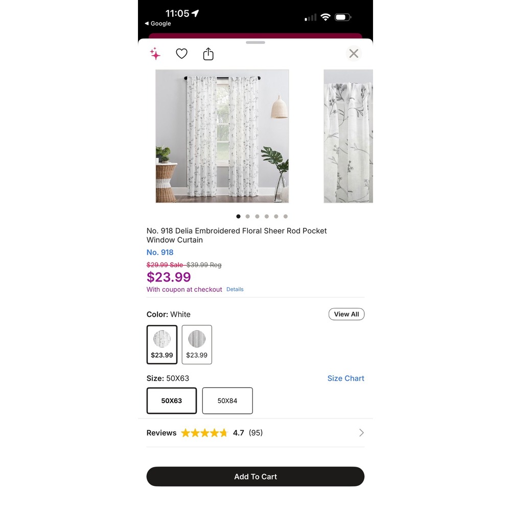 No. 918 Delia Embroidered Floral Sheer Rod Pocket Curtain Panels White 50x63 2pk